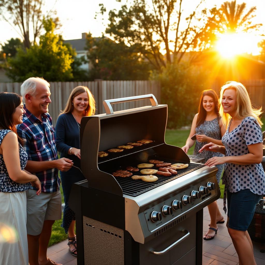 A family gathered around a clean backyard grill at sunset