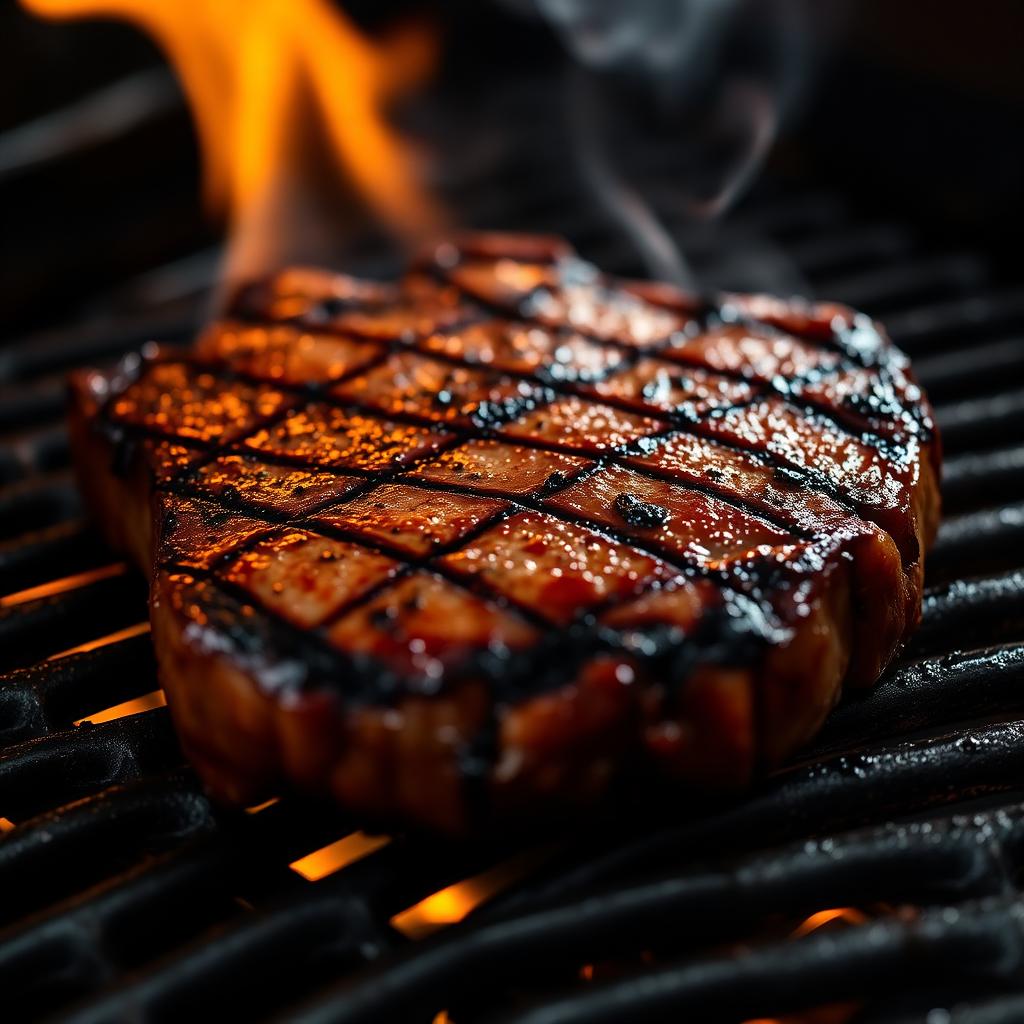 A perfectly seared steak with crisp grill marks on clean grates